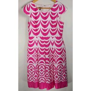 Talbots Fit & Flare Dress Size 4 Pink White Geometric Print Lined Cap Sleeve EUC